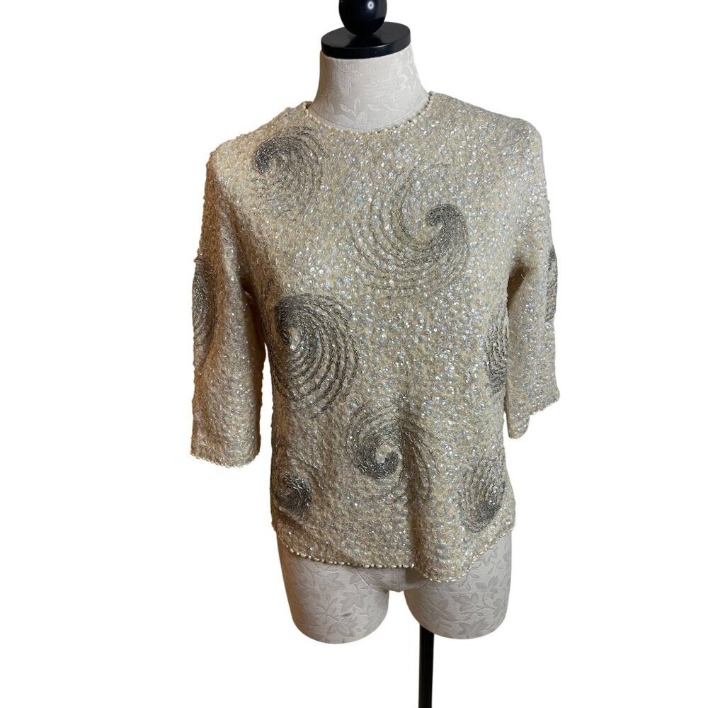 Vintage Womens Sweater Size Large Cream Beaded Full Metal Zipper Pure Wool